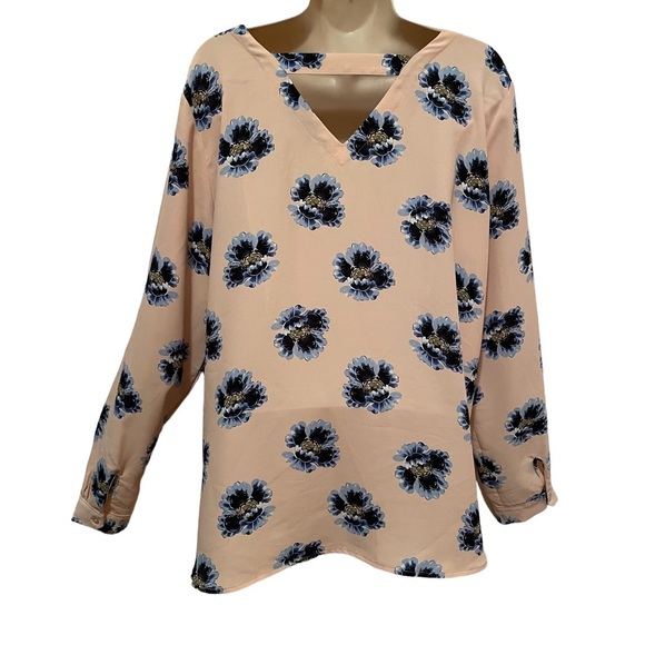 Loft Women’s Floral Blouse Roll Tab Sleeves Size L Peachy Pink Vneck - Picture 6 of 8